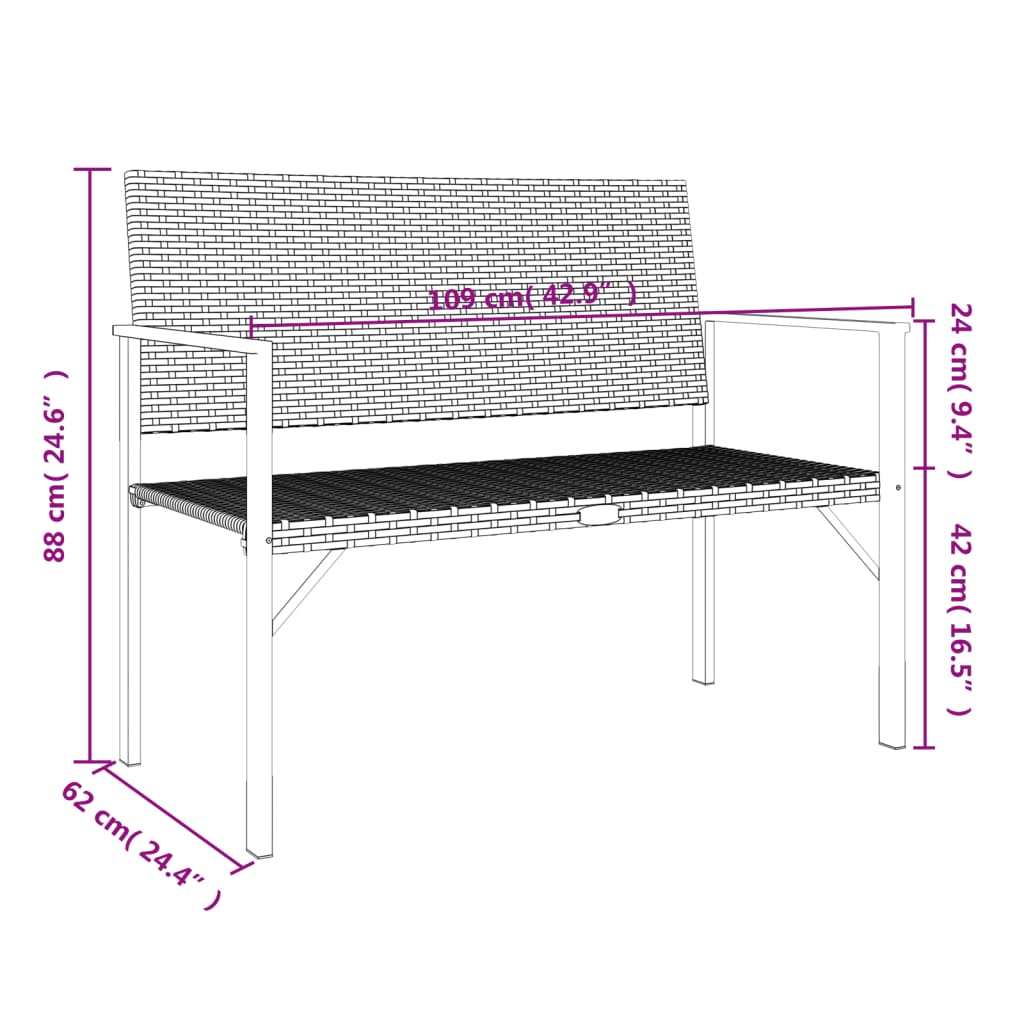 vidaXL fekete 2-személyes polyrattan kerti pad