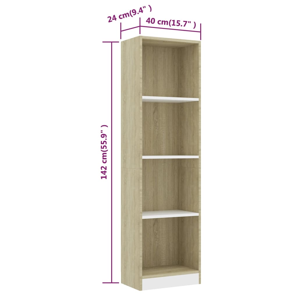 vidaXL 4-szintes fehér és sonoma szerelt fa könyvszekrény 40x24x142 cm