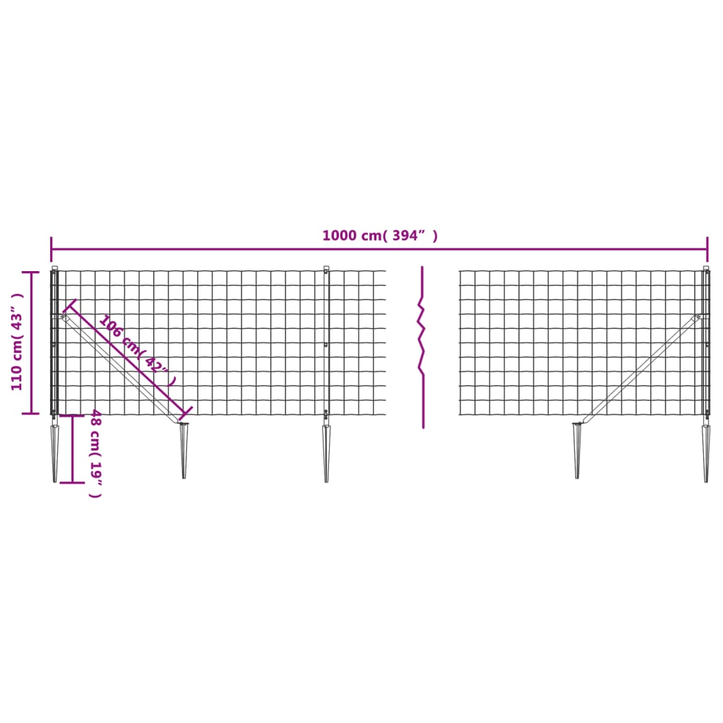 vidaXL antracitszürke dróthálós kerítés cövekekkel 1,1x10 m