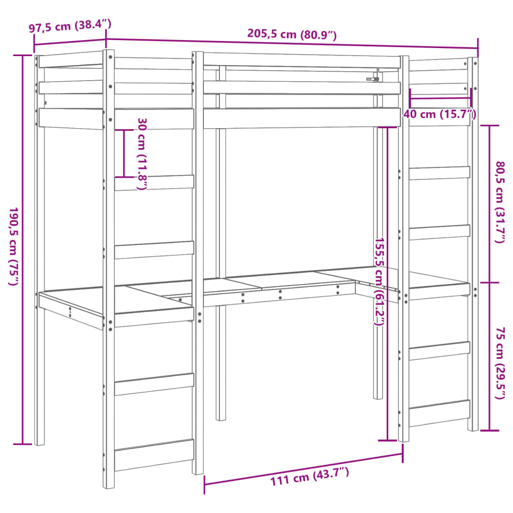 vidaXL tömör fenyőfa galéria ágykeret íróasztallal 90 x 200 cm