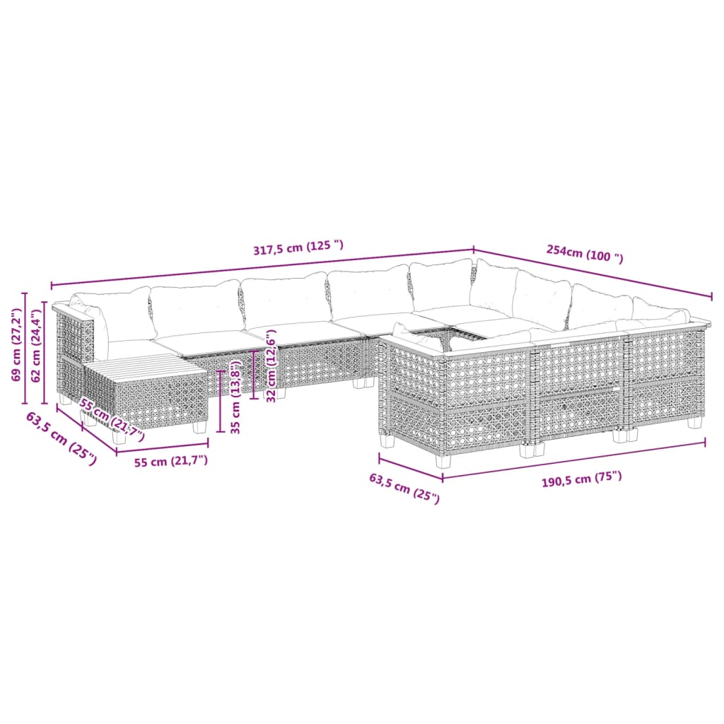 vidaXL 11 részes fekete polyrattan kerti ülőgarnitúra párnákkal