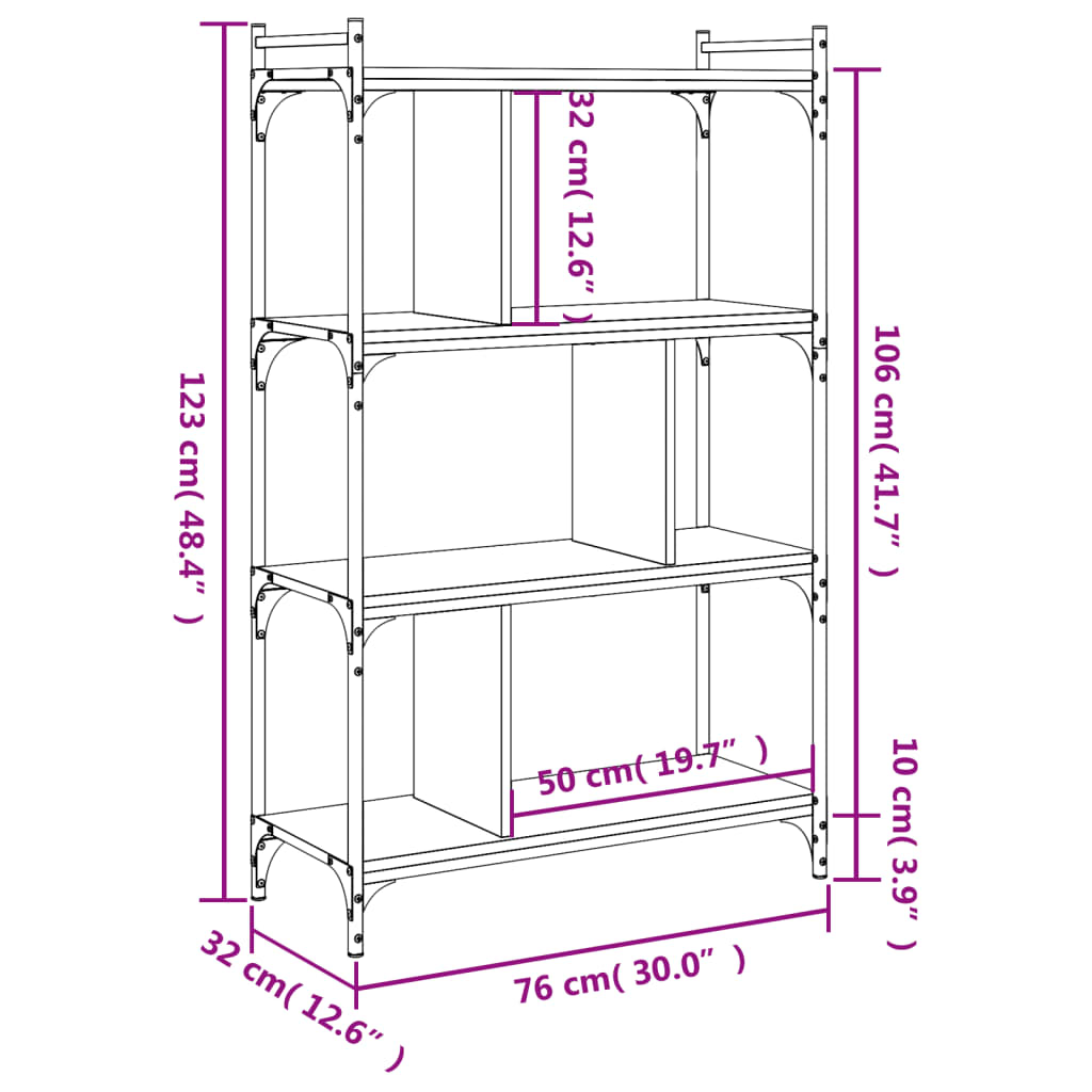 vidaXL 4 szintes füstös tölgy színű fa könyvespolc 76 x 32 x 123 cm