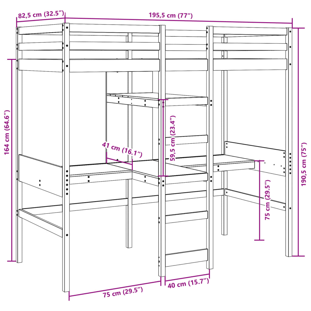 vidaXL tömör fenyő galériaágy-keret matrac nélkül 75 x 190 cm