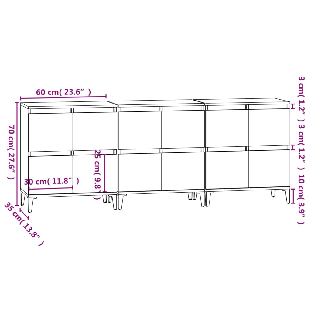 vidaXL 3 db szürke sonoma színű szerelt fa tálalószekrény 60x35x70 cm