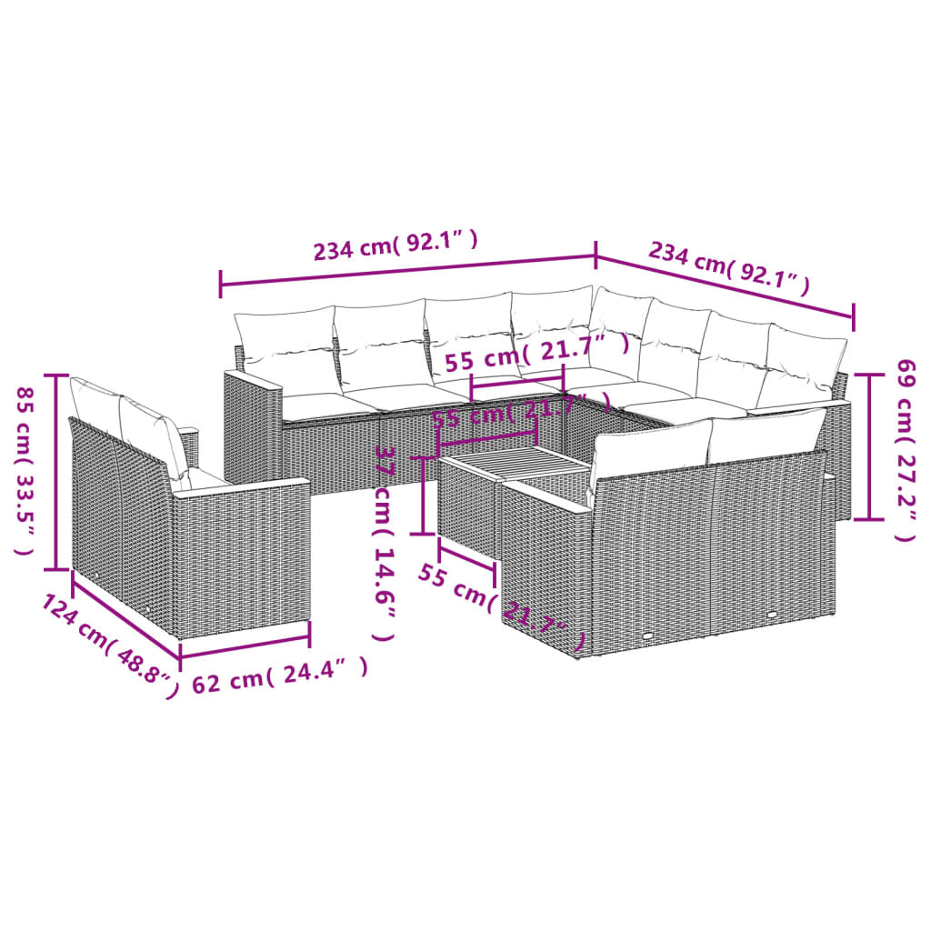 vidaXL 12 részes szürke polyrattan kerti ülőgarnitúra párnákkal