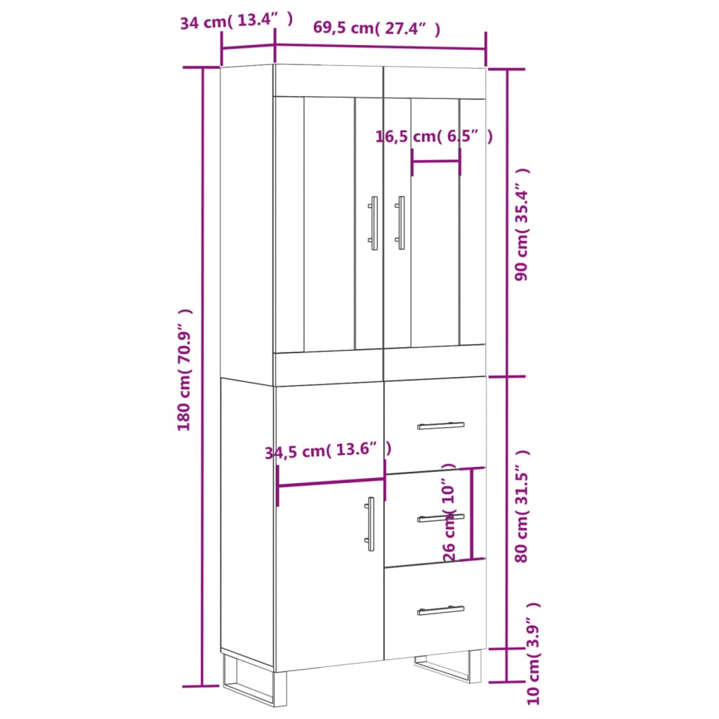 vidaXL betonszürke szerelt fa magasszekrény 69,5 x 34 x 180 cm