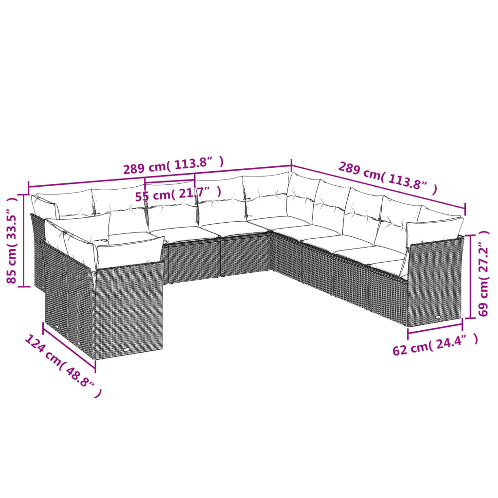 vidaXL 11 részes fekete polyrattan kerti ülőgarnitúra párnákkal