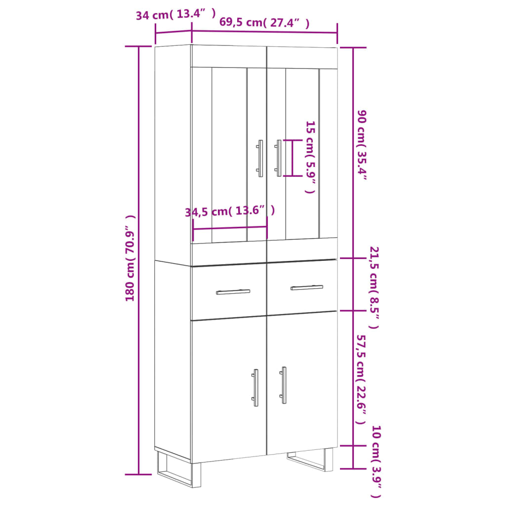 vidaXL betonszürke szerelt fa magasszekrény 69,5 x 34 x 180 cm