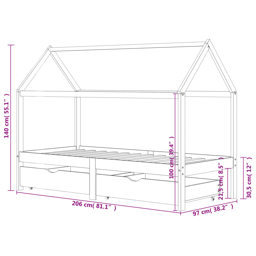 vidaXL fiókos tömör fenyőfa gyerekágykeret 90 x 200 cm