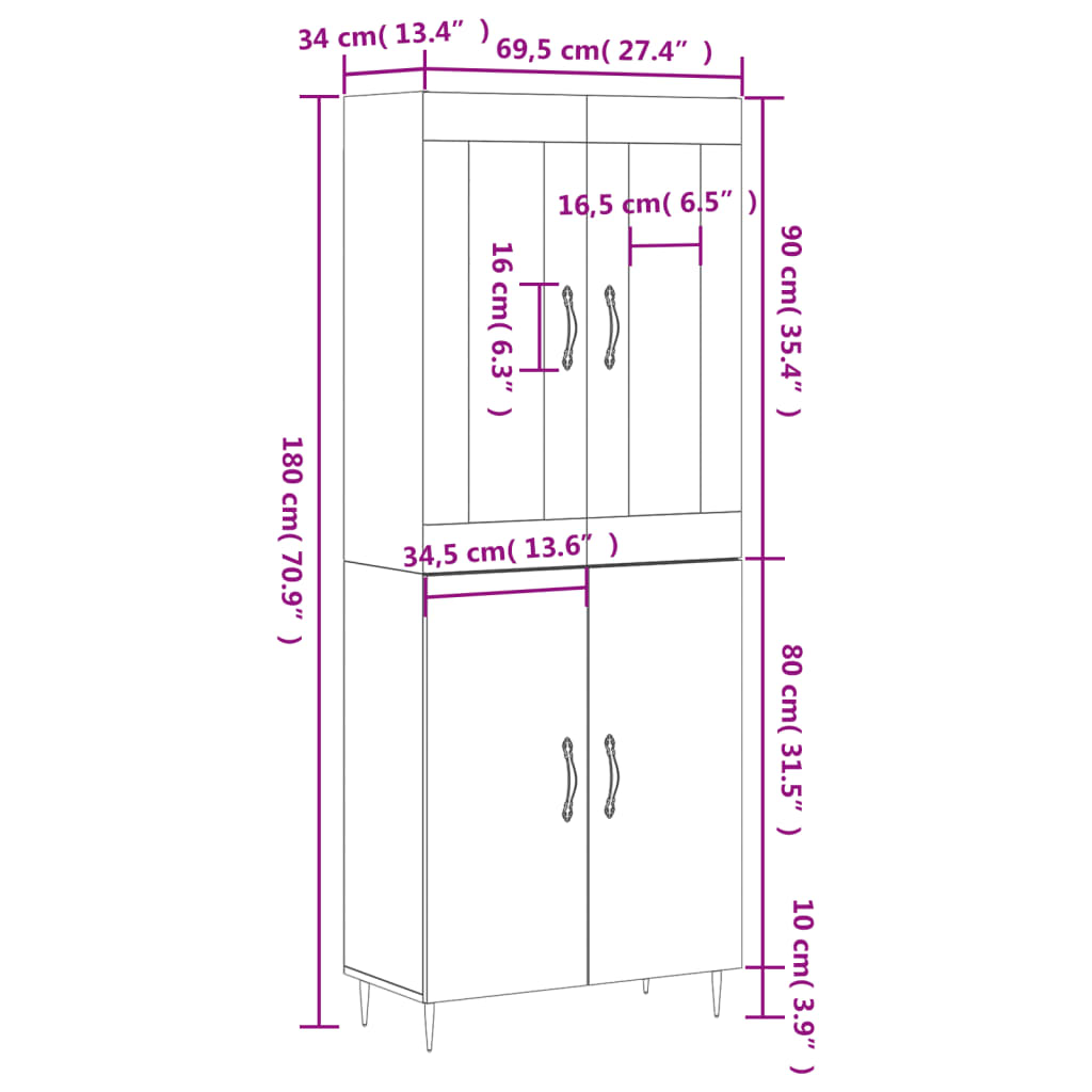 vidaXL szürke sonoma szerelt fa magasszekrény 69,5 x 34 x 180 cm