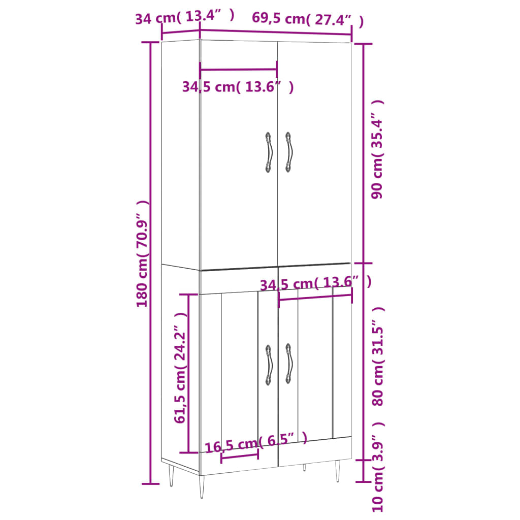 vidaXL barna tölgy színű szerelt fa magasszekrény 69,5 x 34 x 180 cm