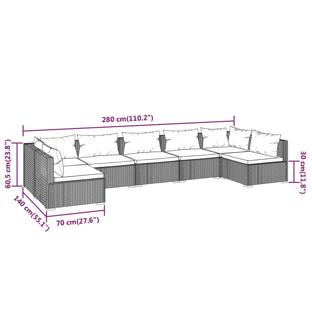 vidaXL 7 részes fekete polyrattan kerti ülőgarnitúra párnákkal