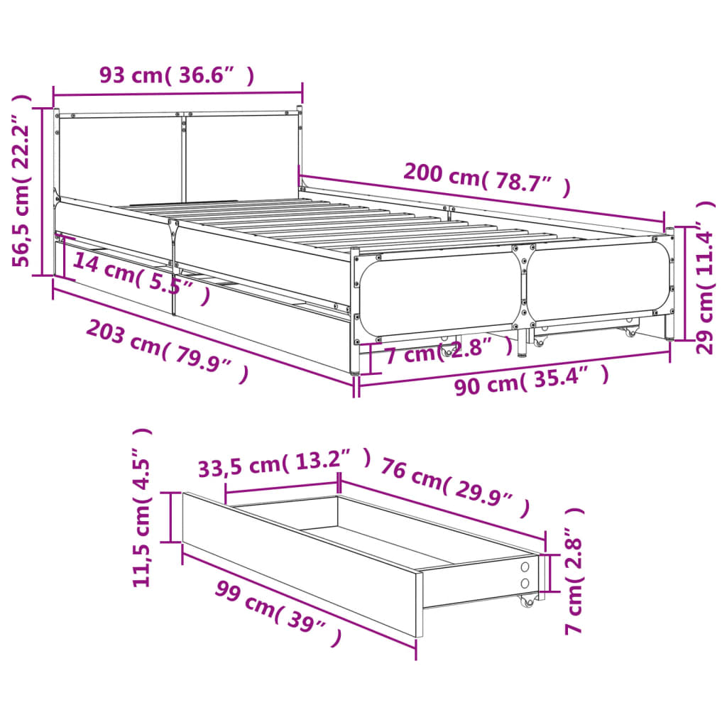 vidaXL füstös tölgy színű szerelt fa ágykeret fiókokkal 90 x 200 cm