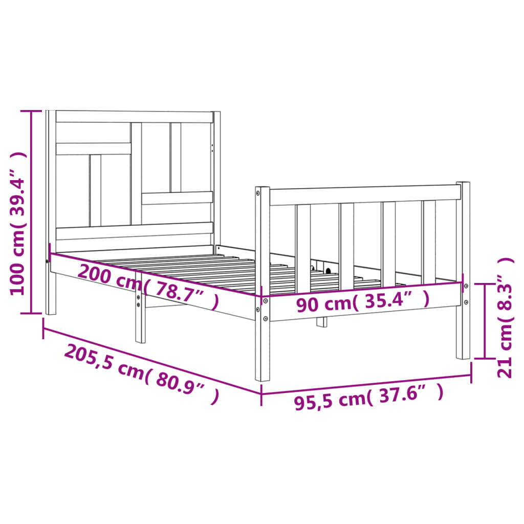 vidaXL tömör fa ágykeret fejtámlával 90 x 200 cm