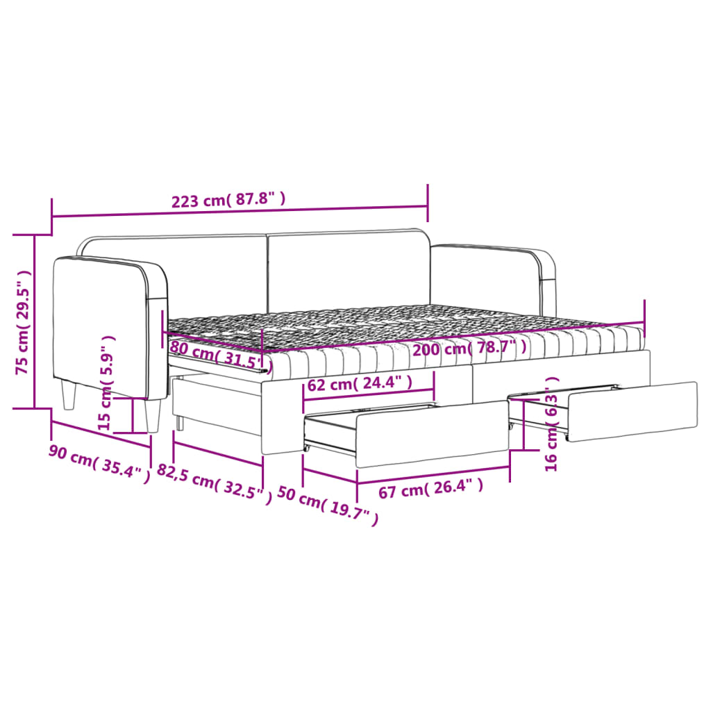 vidaXL tópszínű kihúzható bársonyheverő fiókokkal 80 x 200 cm