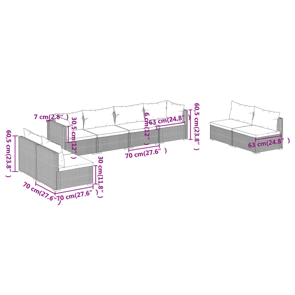 vidaXL 8 részes fekete polyrattan kerti ülőgarnitúra párnákkal