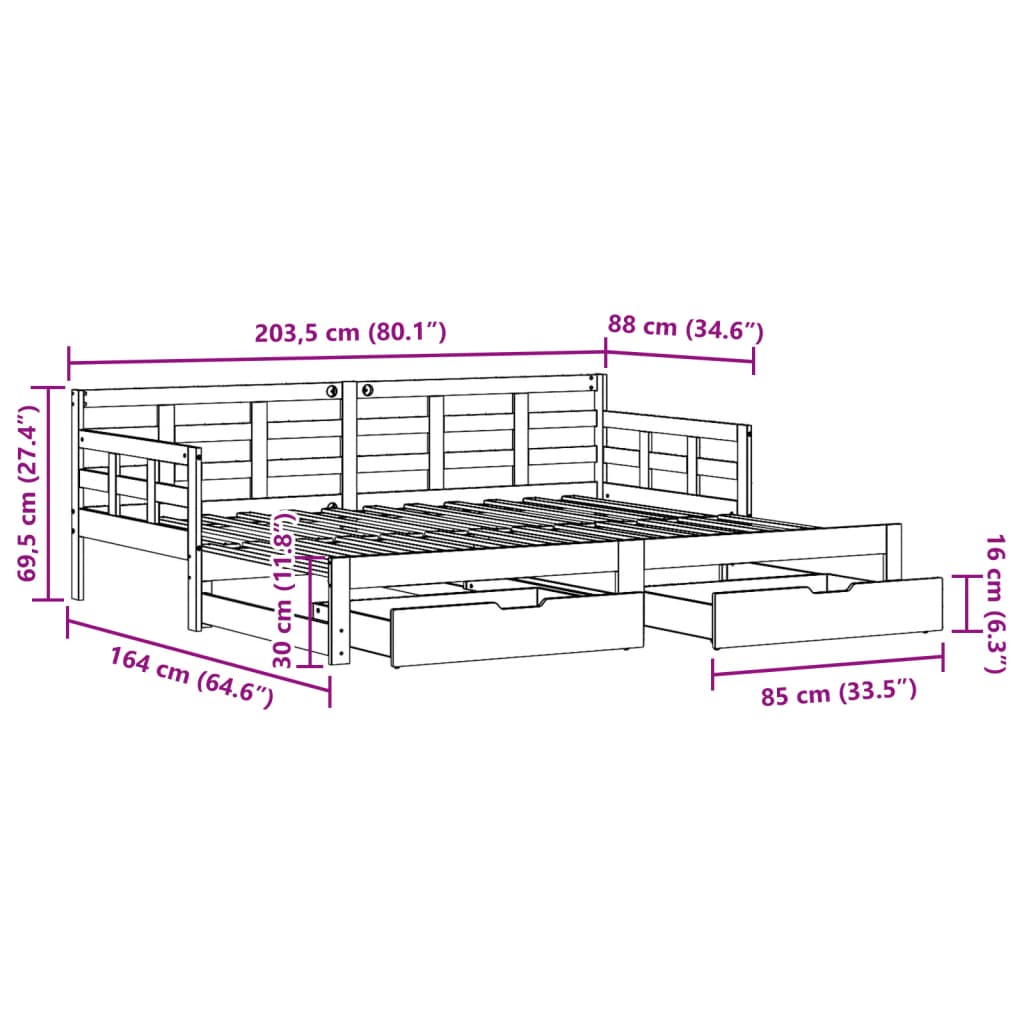 vidaXL tömör fenyőfa kihúzható kanapéágy fiókkal 80x200 cm