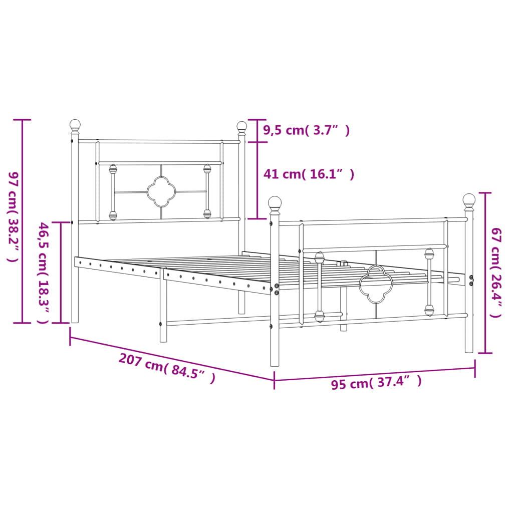 vidaXL fekete fém ágykeret fej- és lábtámlával 90 x 200 cm