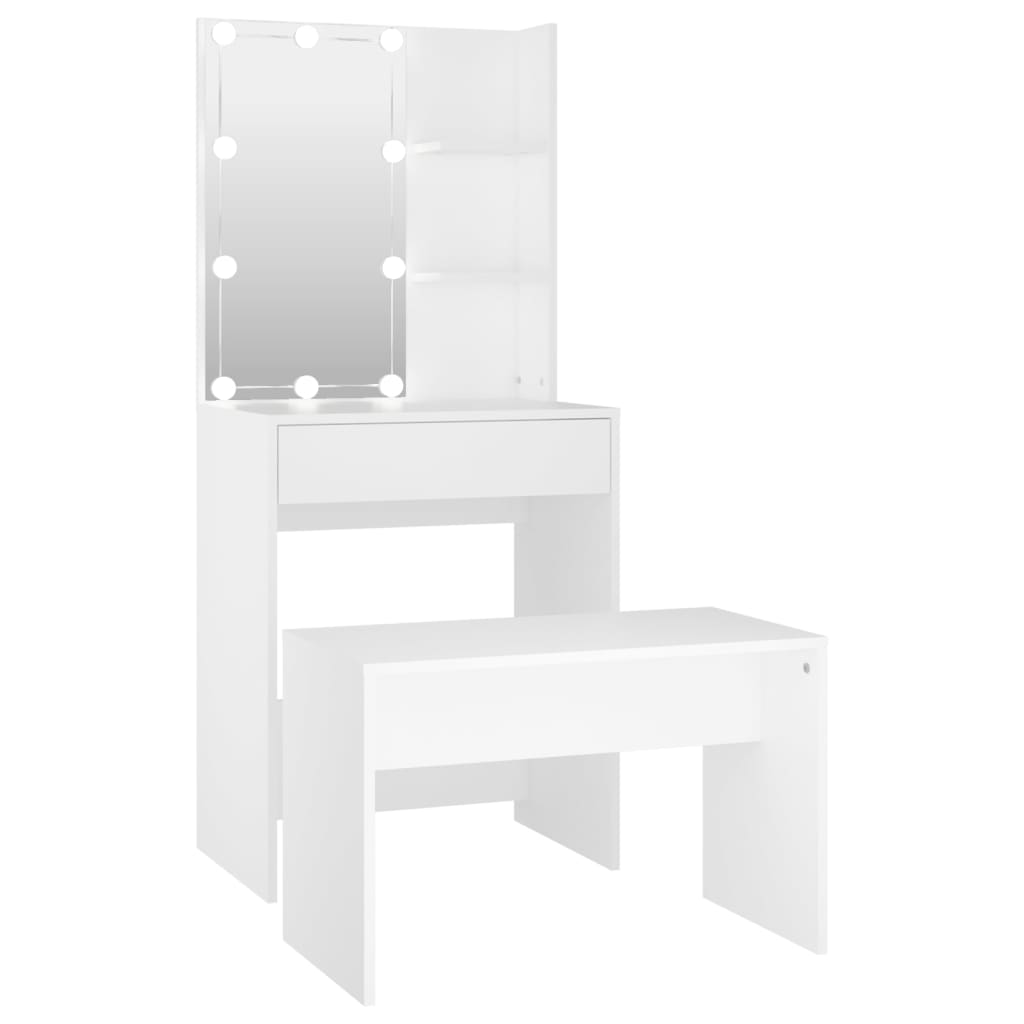 vidaXL fehér szerelt fa fésülködőasztal-szett LED-ekkel