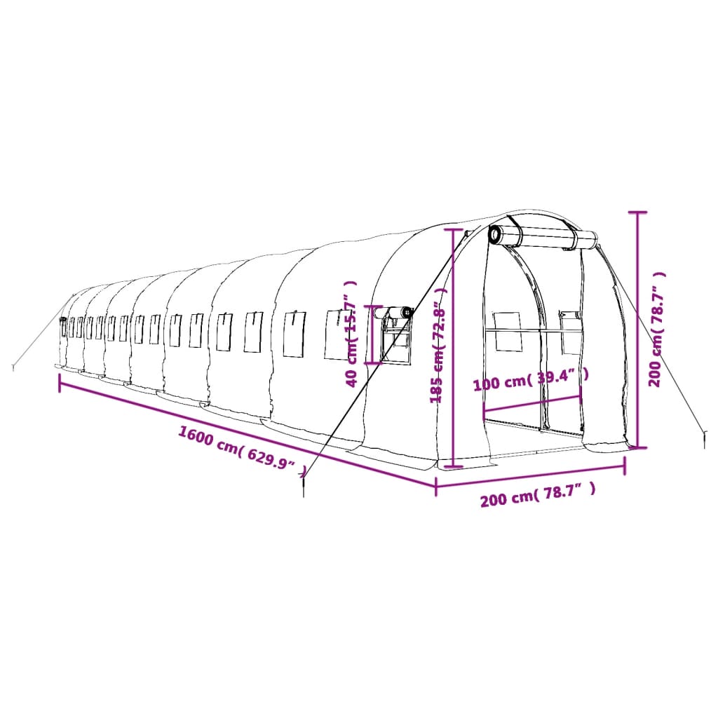 vidaXL zöld acélvázas melegház 32 m² 16 x 2 x 2 m