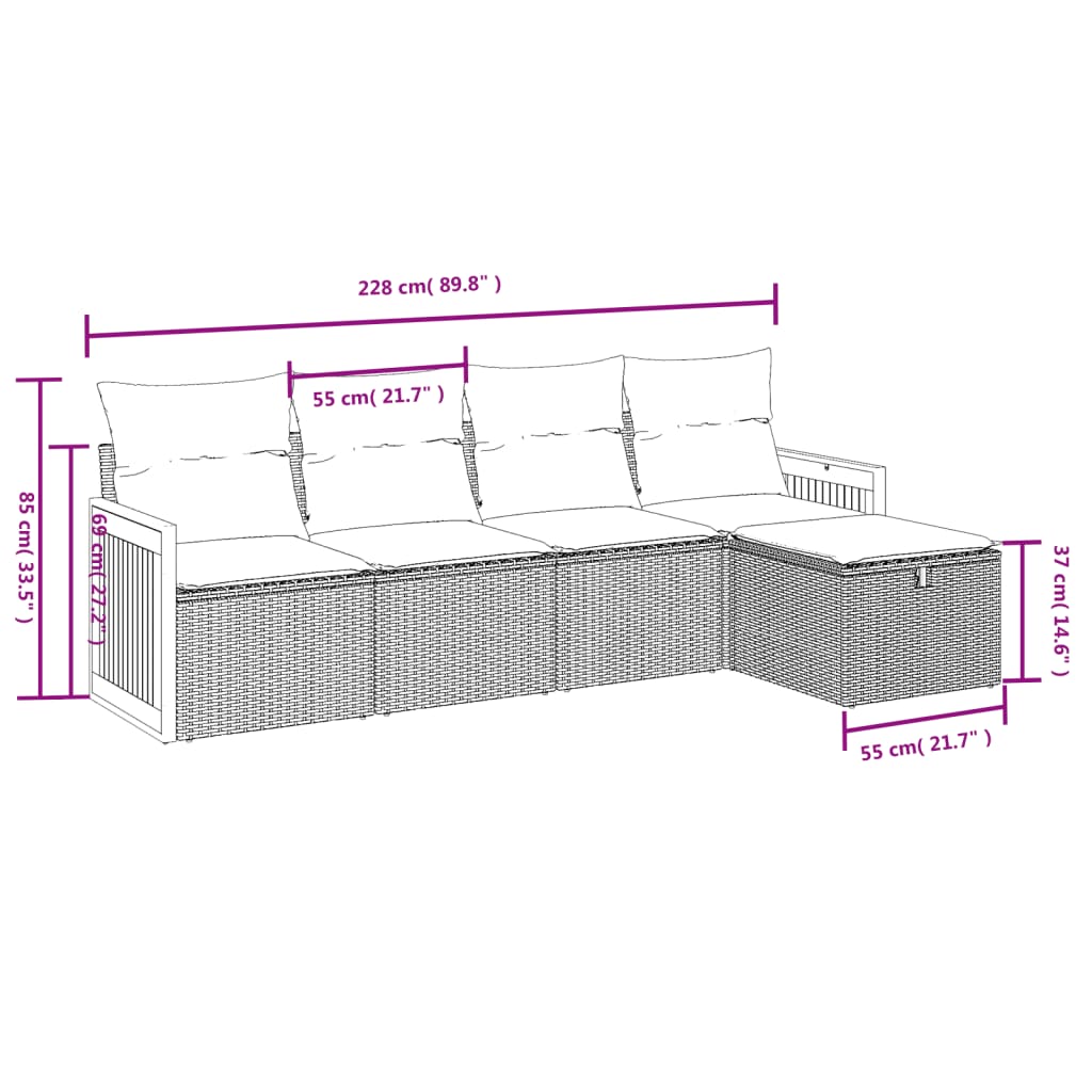 vidaXL 5 részes fekete polyrattan kerti kanapészett párnákkal