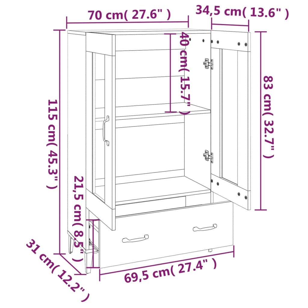 vidaXL betonszürke szerelt fa magasszekrény 70 x 31 x 115 cm