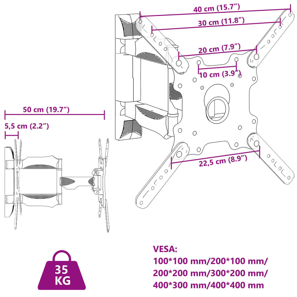 vidaXL fali TV-állvány 32"-55" képernyőhöz max VESA 400 x 400 mm 35 kg