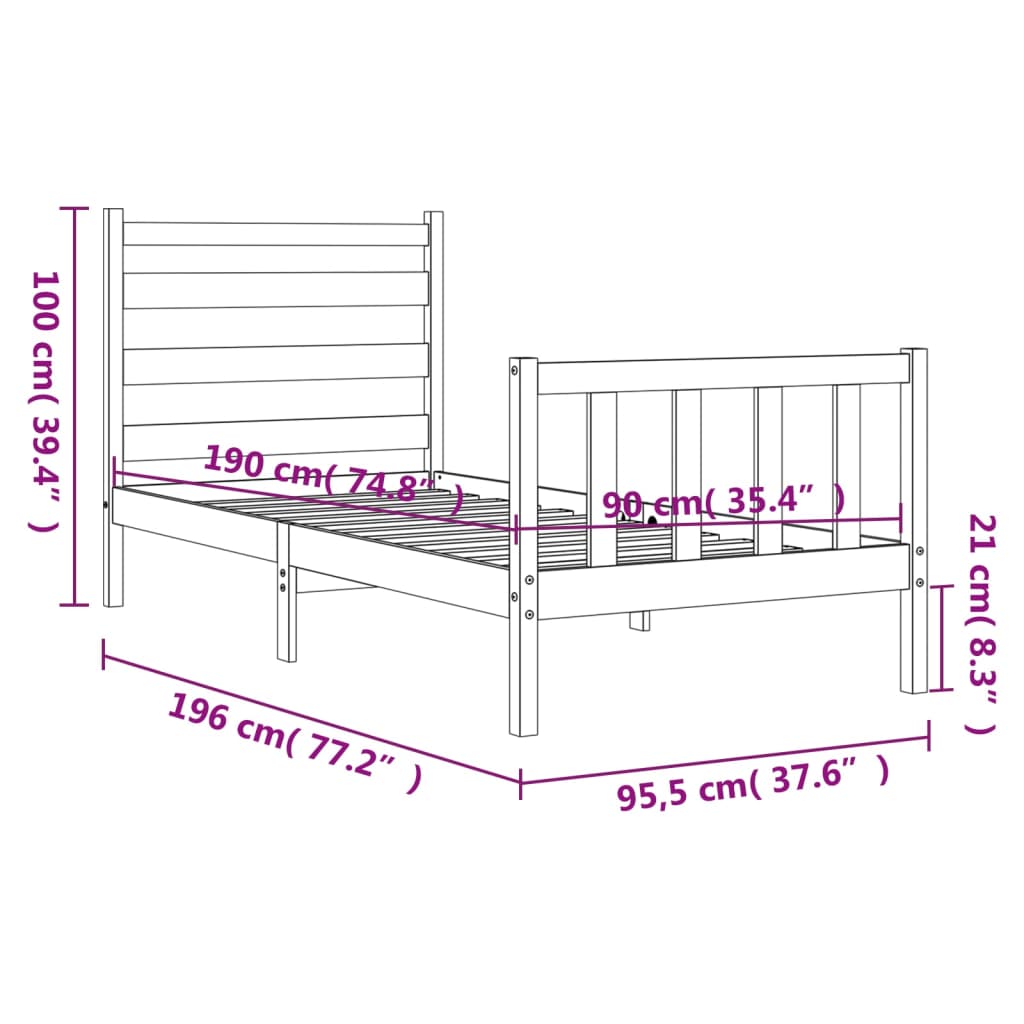 vidaXL fehér tömör fa ágykeret fejtámlával 90 x 190 cm