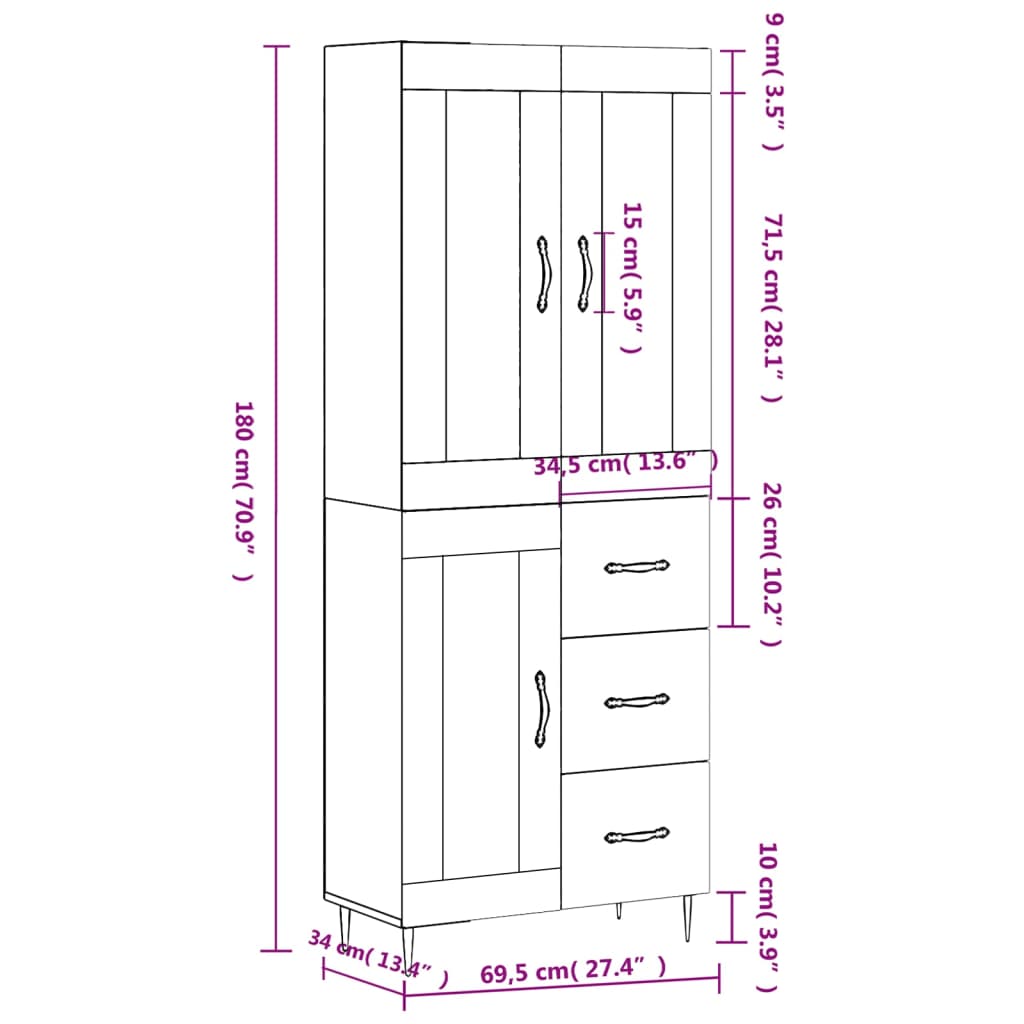 vidaXL betonszürke szerelt fa magasszekrény 69,5 x 34 x 180 cm