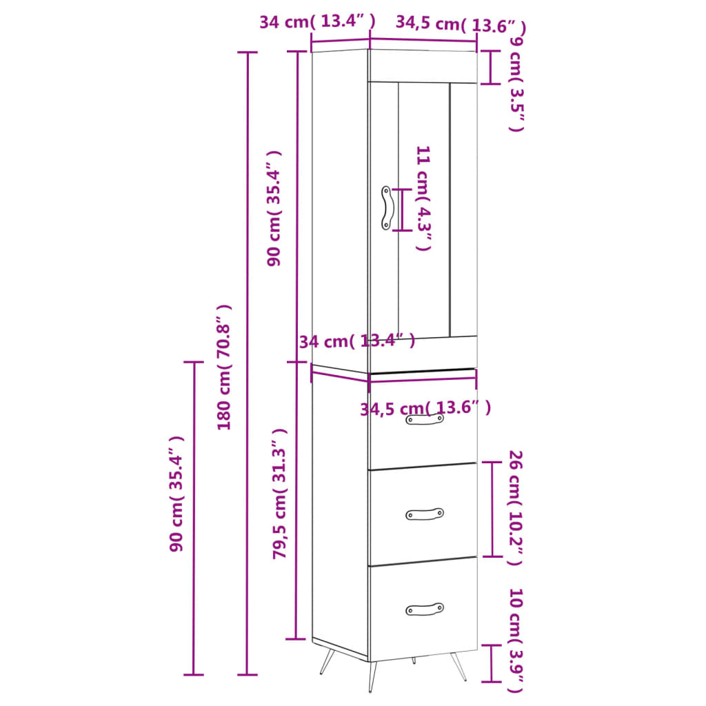 vidaXL betonszürke szerelt fa magasszekrény 34,5x34x180 cm