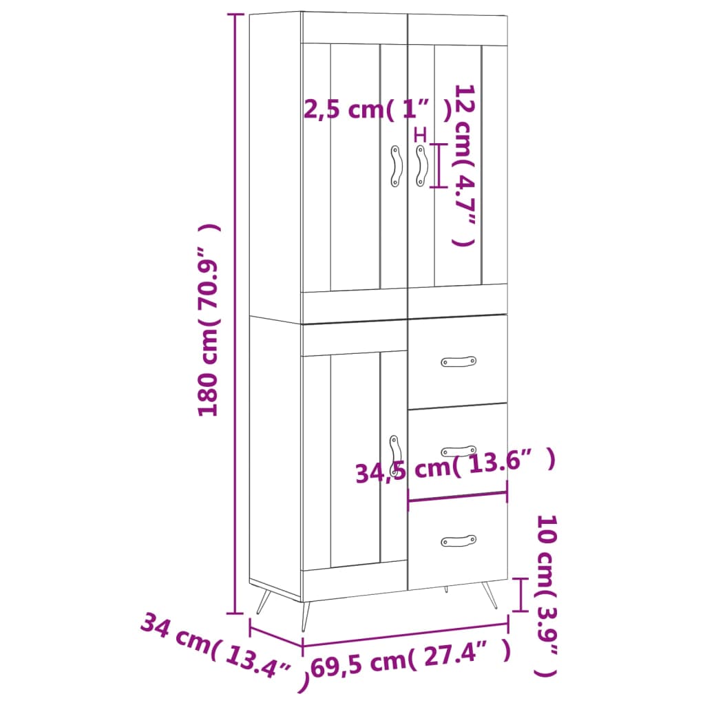 vidaXL magasfényű fehér szerelt fa magasszekrény 69,5 x 34 x 180 cm