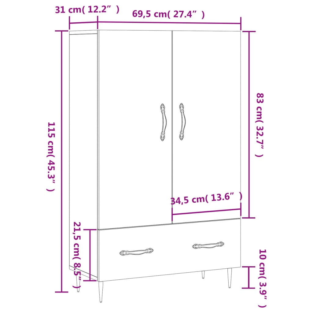 vidaXL magasfényű fehér szerelt fa magasszekrény 69,5 x 31 x 115 cm