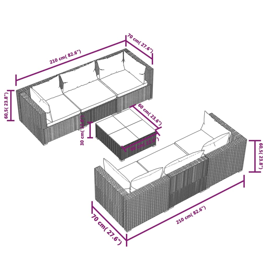 vidaXL 7 részes fekete polyrattan kerti ülőgarnitúra párnákkal