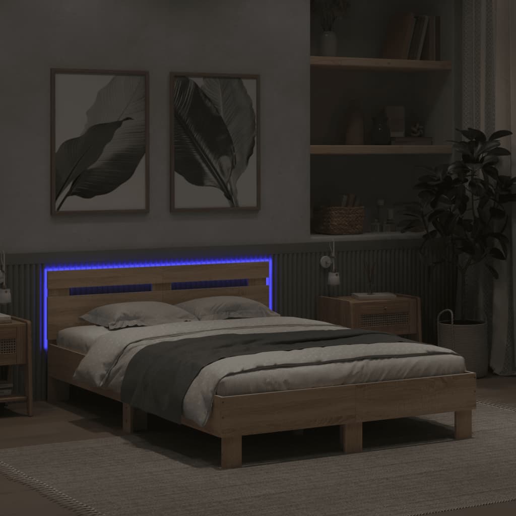 vidaXL sonoma tölgy színű ágykeret fejtámlával és LED-del 120x190 cm