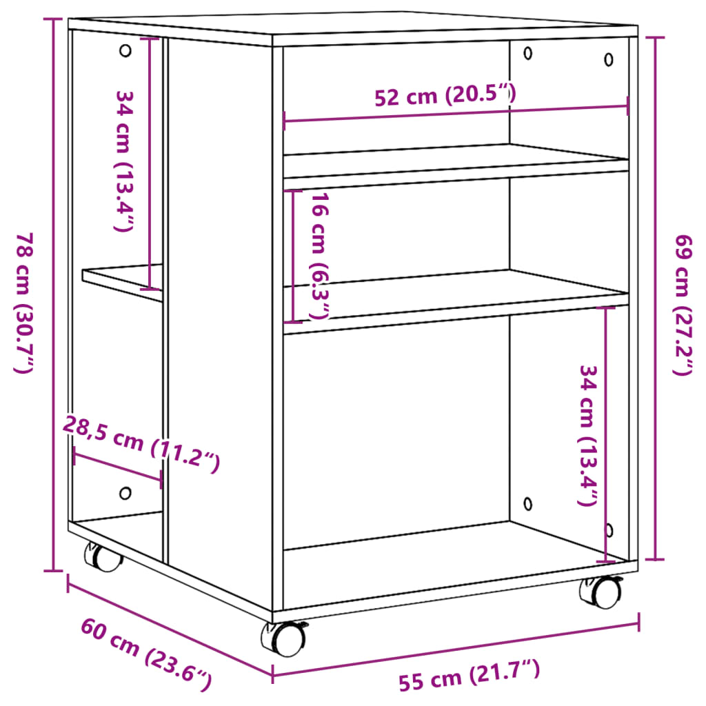 vidaXL sonoma tölgy színű szerelt fa kisasztal kerekekkel 55x60x78 cm