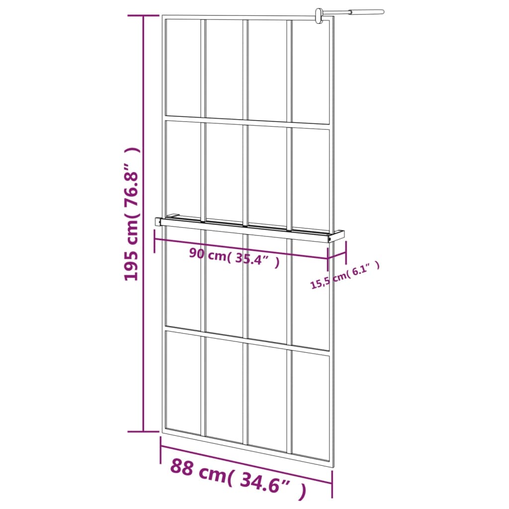 vidaXL fekete ESG üveg és alumínium zuhanyfal polccal 90 x 195 cm