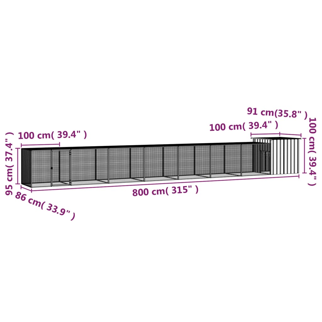 vidaXL antracitszürke horganyzott acél csirkeketrec 800x91x100 cm