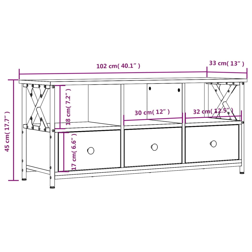 vidaXL barna tölgyszínű szerelt fa és vas TV-szekrény 102x33x45 cm