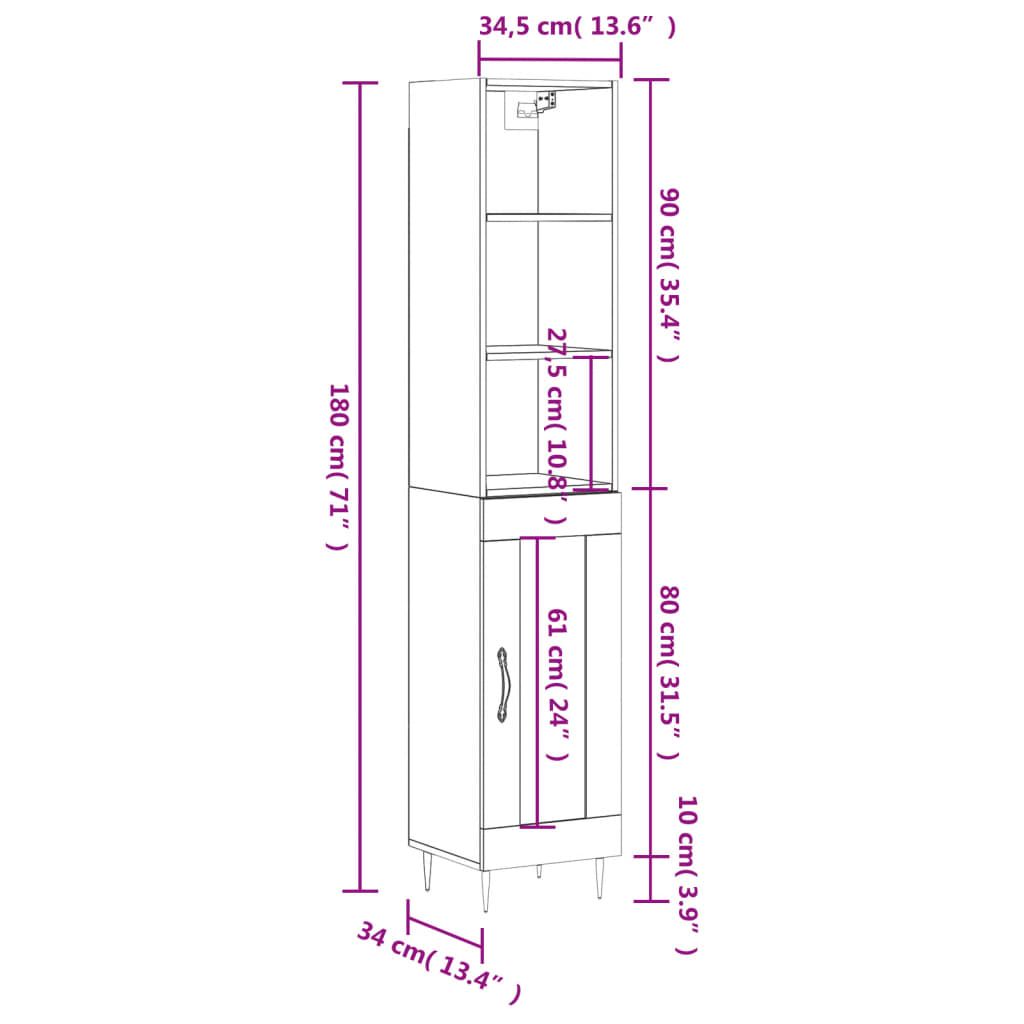 vidaXL betonszürke szerelt fa magasszekrény 34,5x34x180 cm