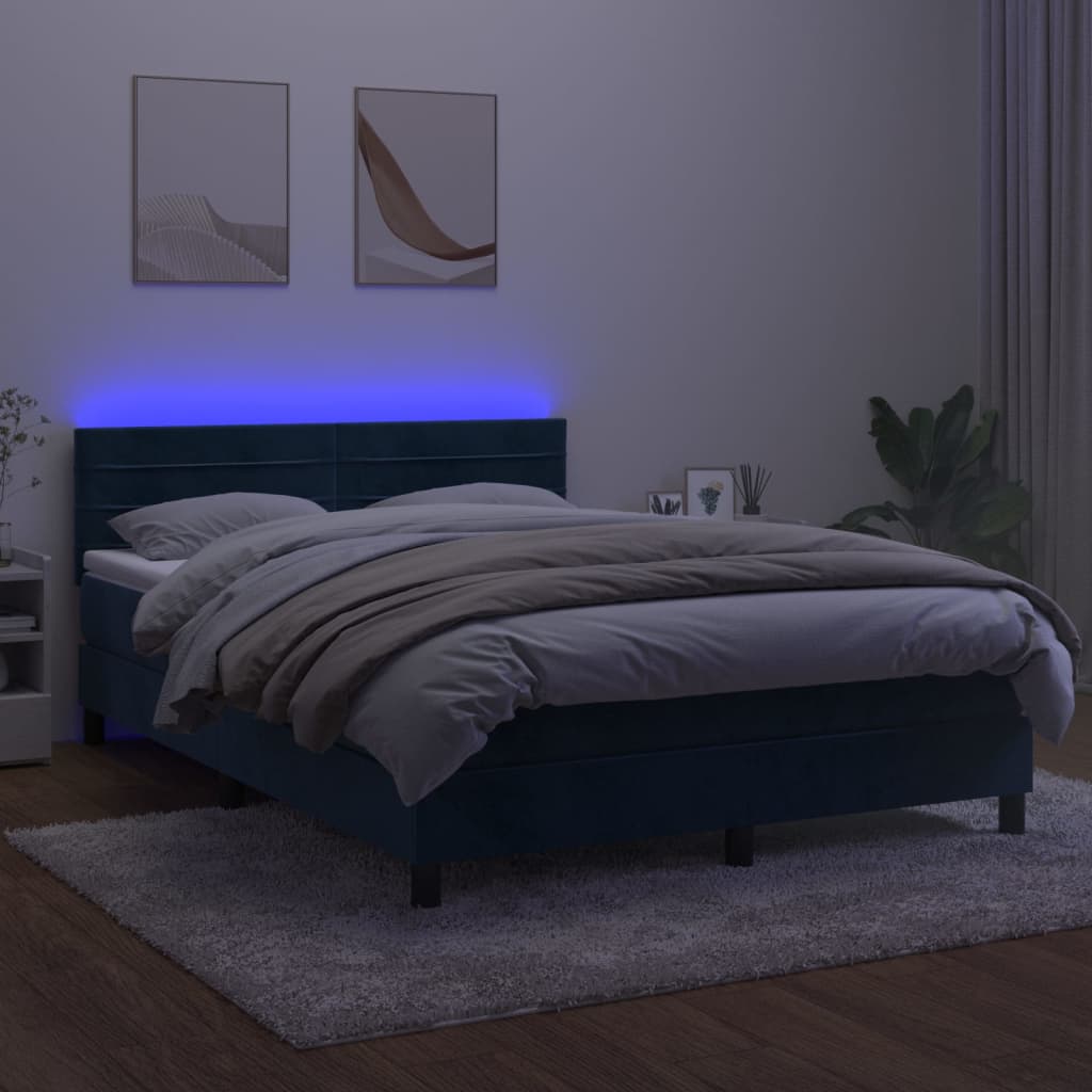 vidaXL sötétkék bársony rugós és LED-es ágy matraccal 140x190 cm