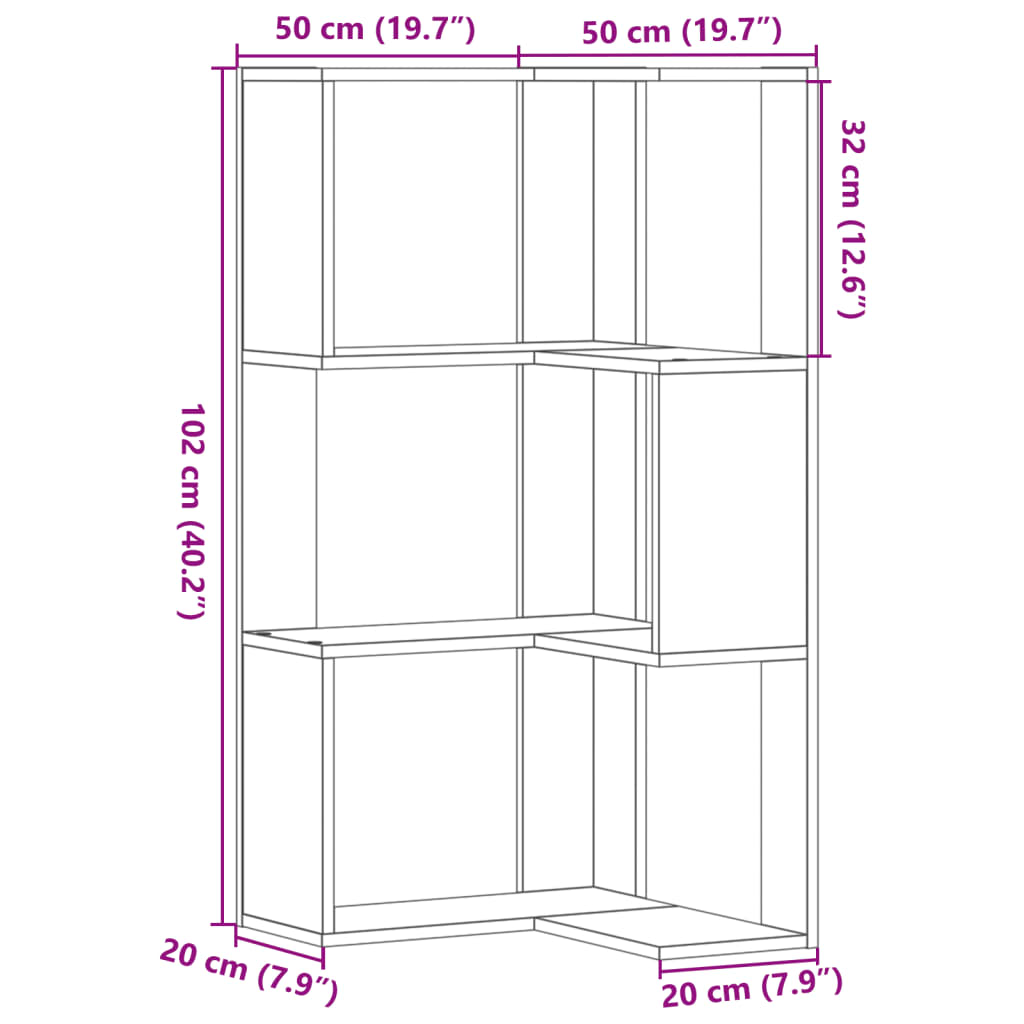 vidaXL 3 szintes fehér szerelt fa sarok könyvespolc 50 x 50 x 102 cm