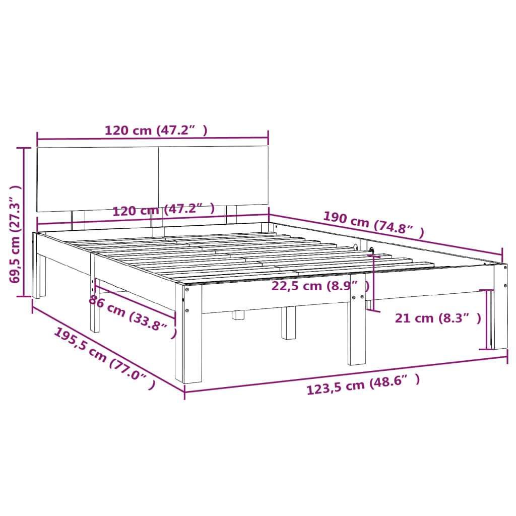 vidaXL Small Double mézbarna tömör fa ágykeret 120 x 190 cm