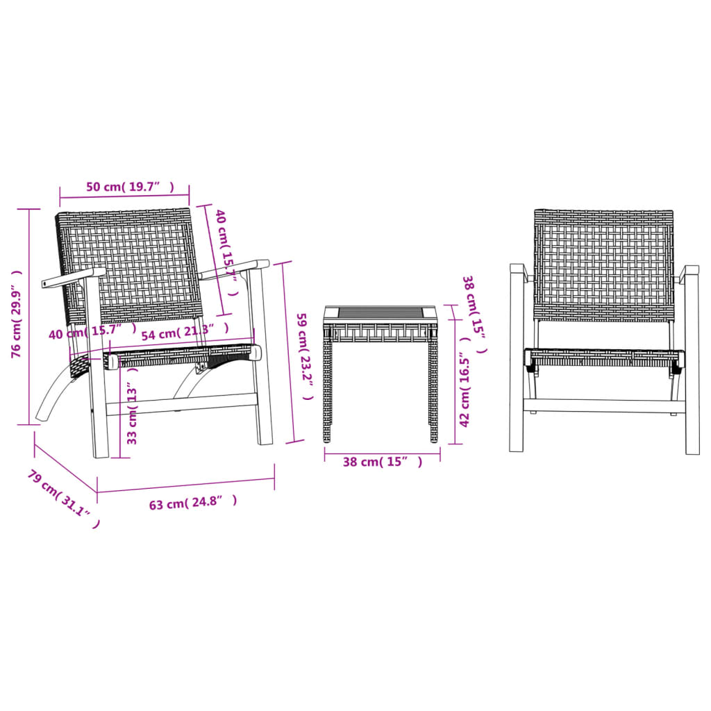 vidaXL 3 részes fekete polyrattan és akácfa bisztrószett