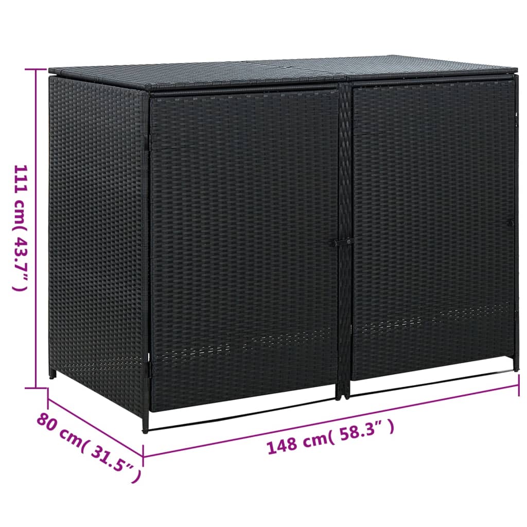 vidaXL fekete rattan dupla tároló gurulós kukához 148 x 80 x 111 cm