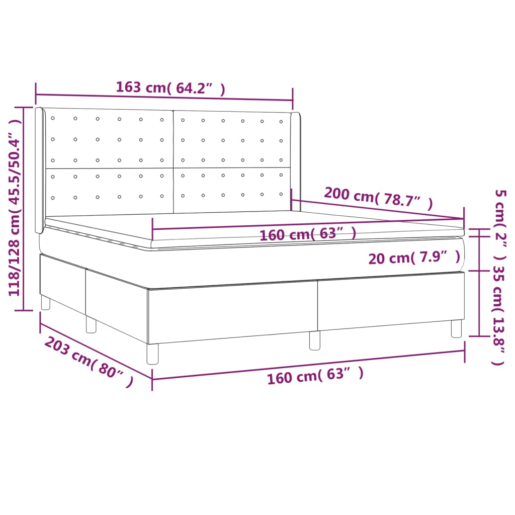 vidaXL fekete bársony rugós és LED-es ágy matraccal 160x200 cm