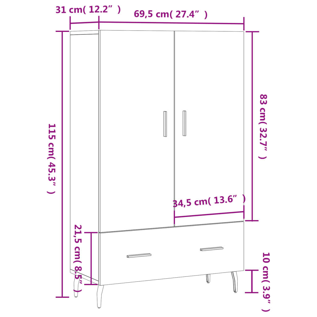 vidaXL barna tölgyszínű szerelt fa magasszekrény 69,5 x 31 x 115 cm