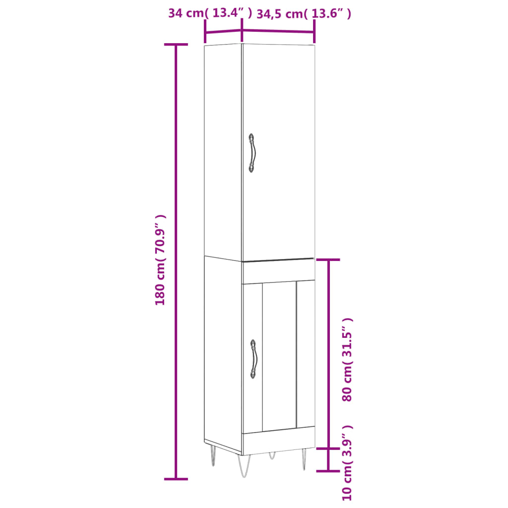 vidaXL betonszürke szerelt fa magasszekrény 34,5x34x180 cm