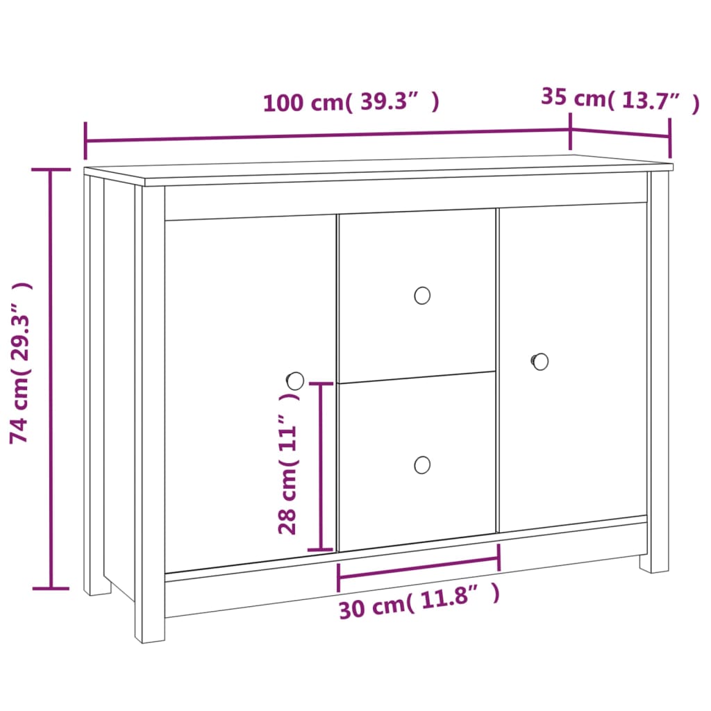 vidaXL fehér tömör fenyőfa tálalószekrény 100 x 35 x 74 cm