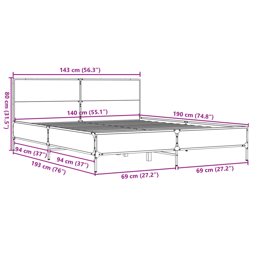 vidaXL füstös tölgy színű szerelt fa és fém ágykeret 140x190 cm