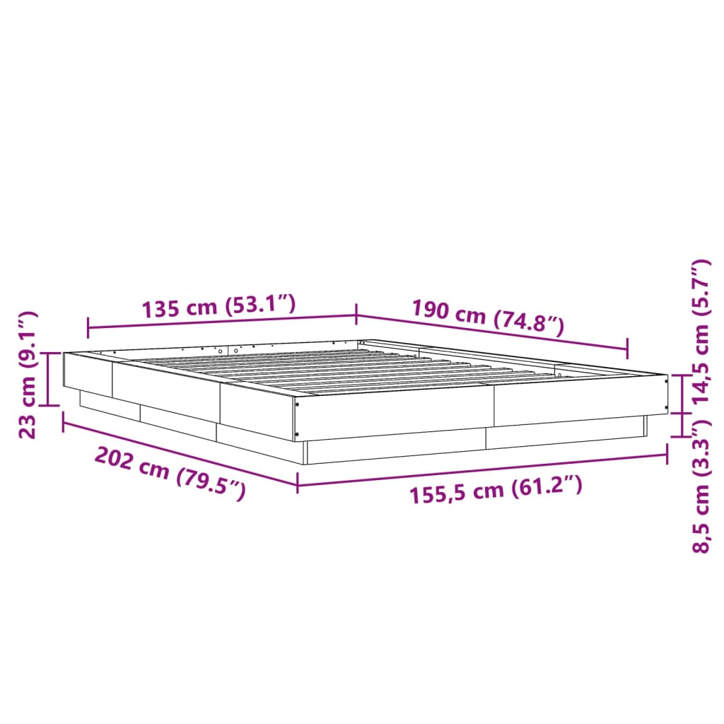 vidaXL fehér szerelt fa ágykeret LED-del 135 x 190 cm